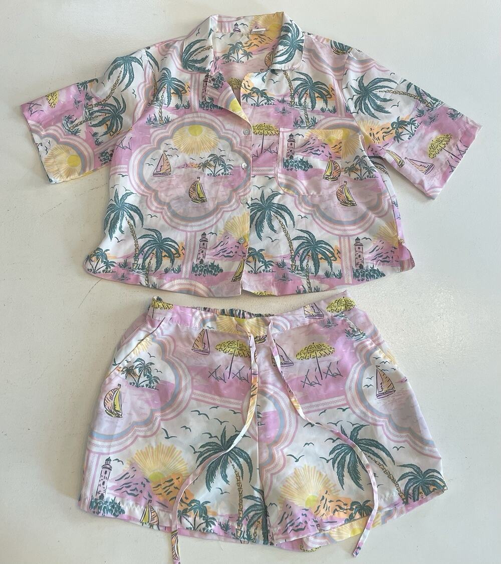 Cynthia Rowley Pajama Set Small Tropical Beach Print Button Shirt Shorts Pink